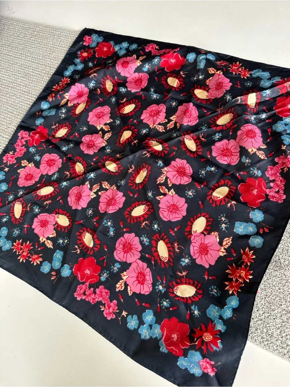 Vintage Black Floral Square Scarf with Pink, Blue & Red Accents